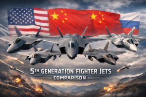 5th generation fighter jets comparison showing F-22, F-35, J-20, J-35 and Su-57 aircraft