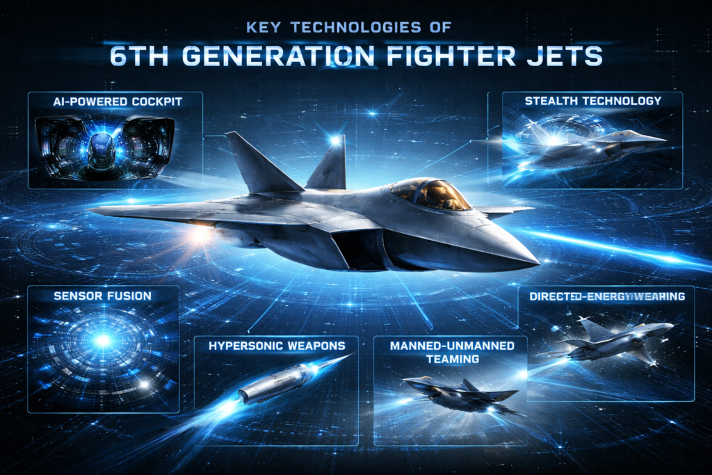 Key technologies of 6th generation fighter jets including AI cockpit, manned-unmanned teaming, sensor fusion, and laser weapons
