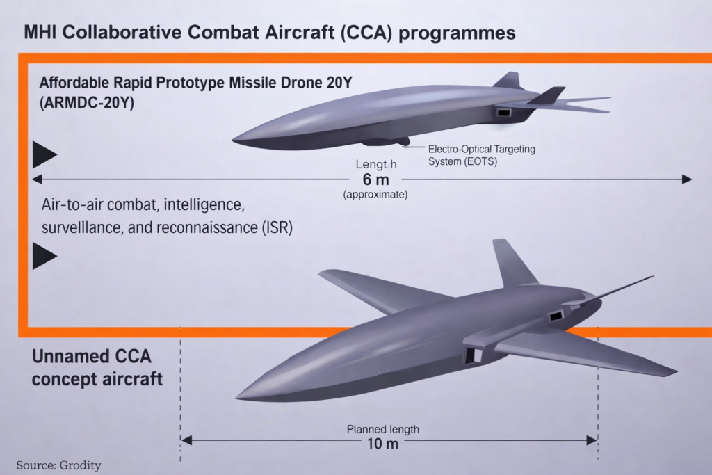 Concept illustration showing GCAP fighter jet coordination with unmanned combat aircraft