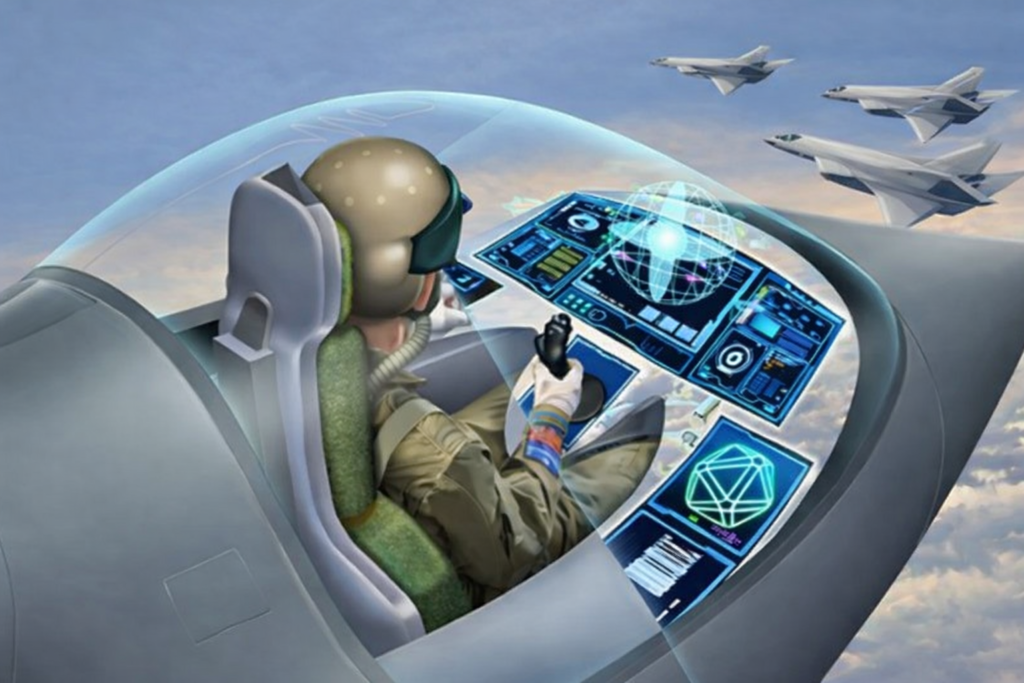 Futuristic jet cockpit with AI-powered digital flight controls