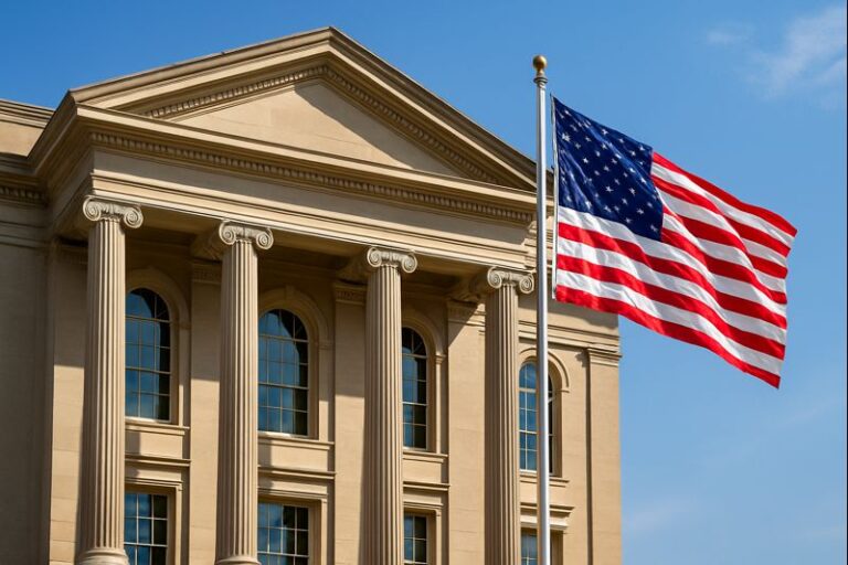 Public universities in USA for international students 2026 with American education building and US flag