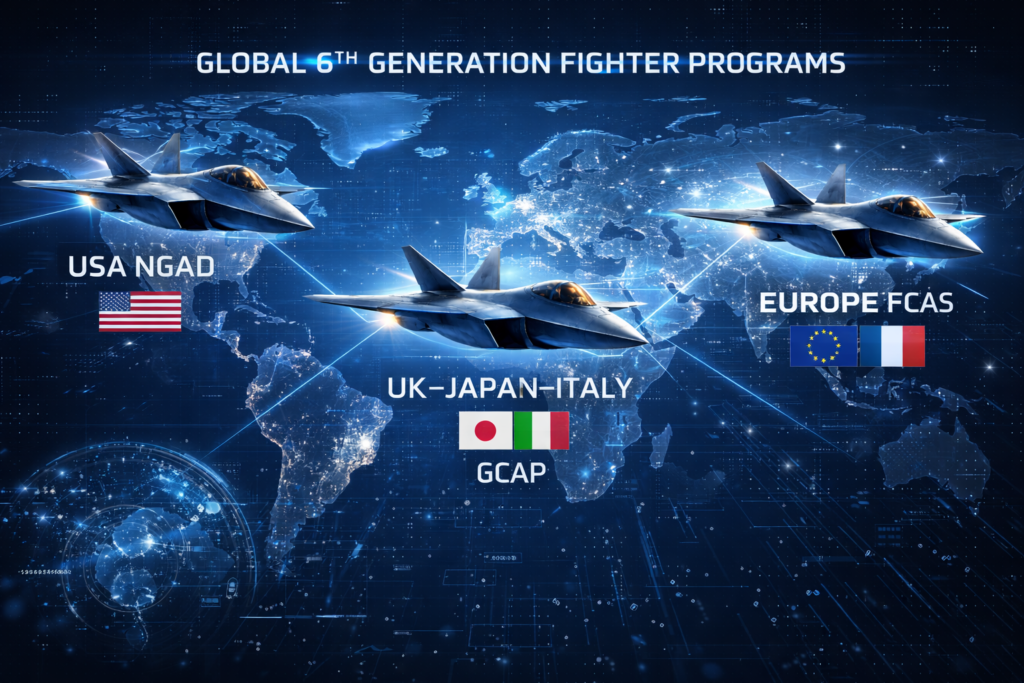 Global map showing countries developing 6th generation fighter jets including the USA, UK, Europe, China, and Japan

