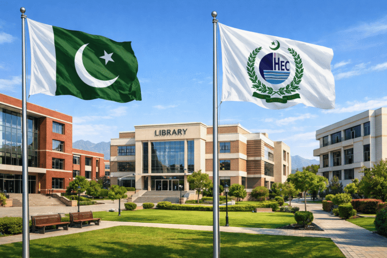 Public universities in Pakistan showing education buildings with Pakistan and HEC flags