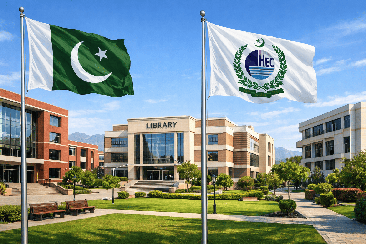 Public universities in Pakistan showing education buildings with Pakistan and HEC flags