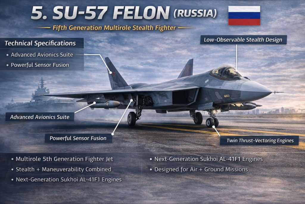 Su-57 Felon Russian 5th generation fighter jet with stealth and maneuverability