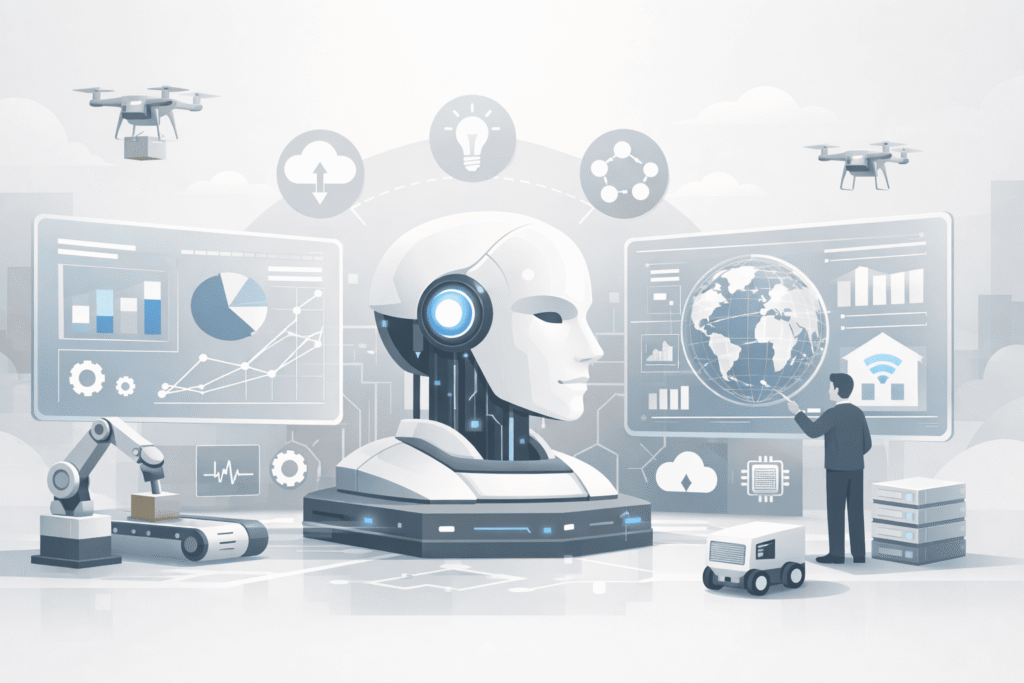 Future warfare technology showing artificial intelligence analyzing data with drones and automation systems