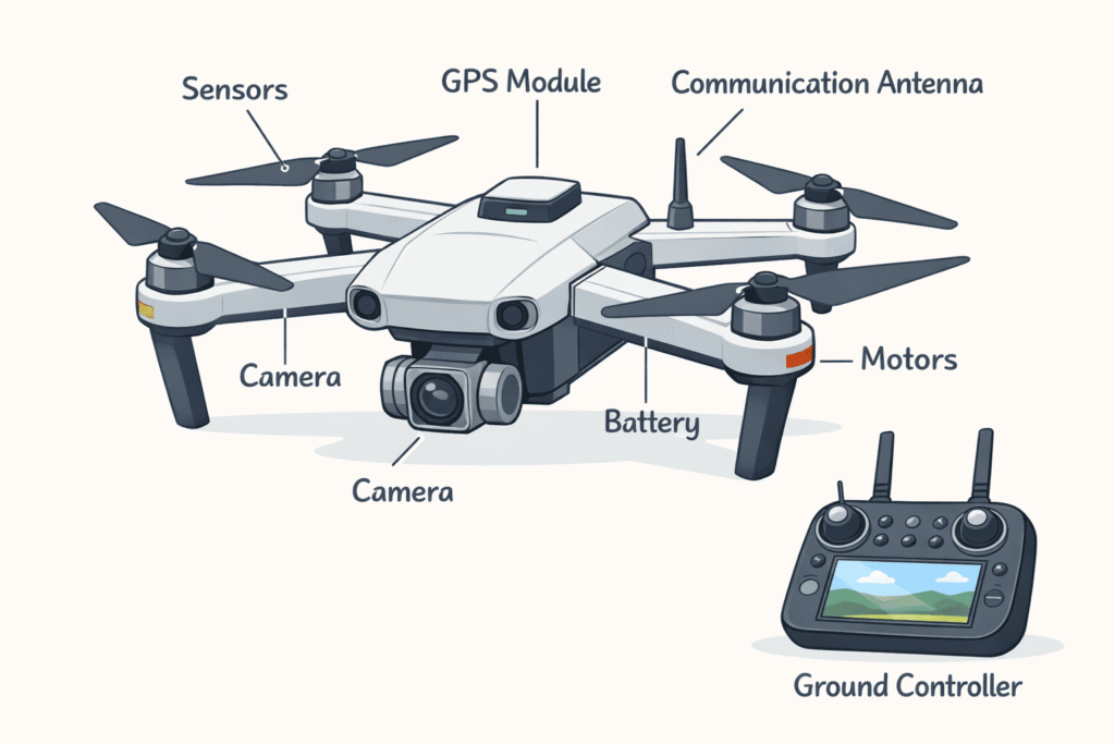 Diagram showing how drone technology works including sensors, GPS navigation, communication system, control software, and power system