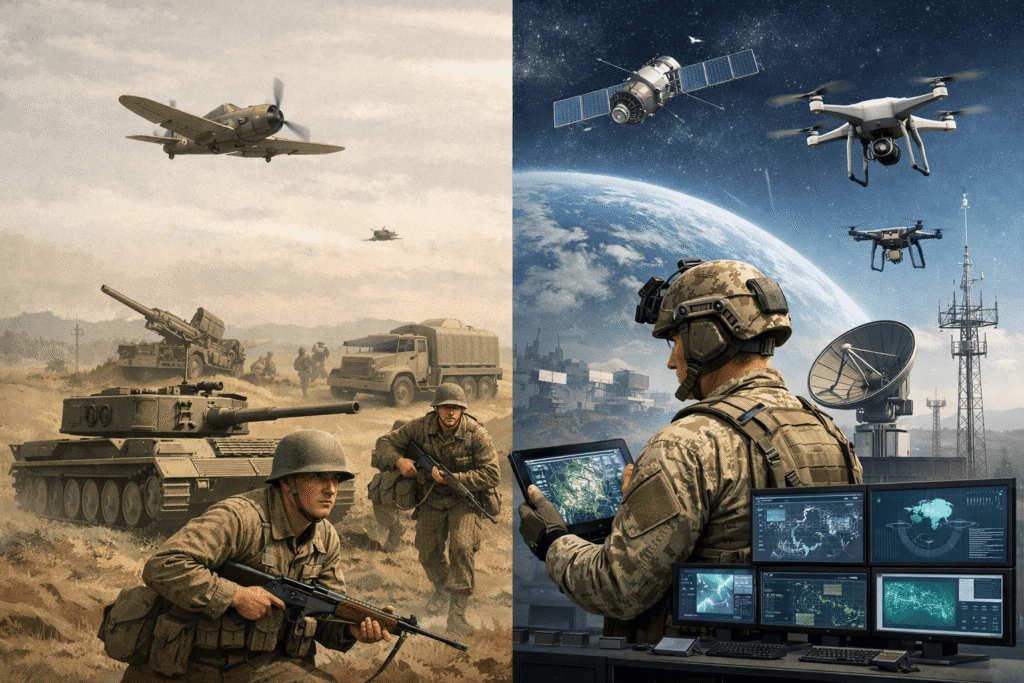 Future warfare comparison showing traditional warfare methods on one side and modern digital defense systems on the other