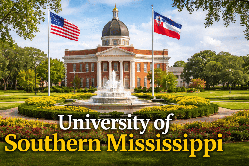 University of Southern Mississippi admissions 2026 campus view with US flag and main building in the background, highlighting opportunities for domestic and international students.