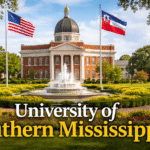 University of Southern Mississippi admissions 2026 campus view with US flag and main building in the background, highlighting opportunities for domestic and international students.