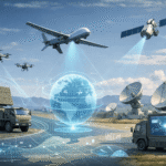 Future warfare technology showing drones, satellites, and digital defense systems