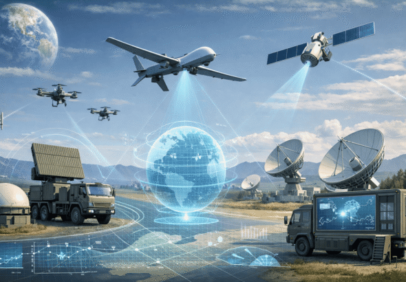 Future warfare technology showing drones, satellites, and digital defense systems