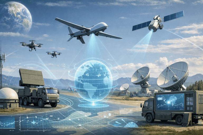 Future warfare technology showing drones, satellites, and digital defense systems