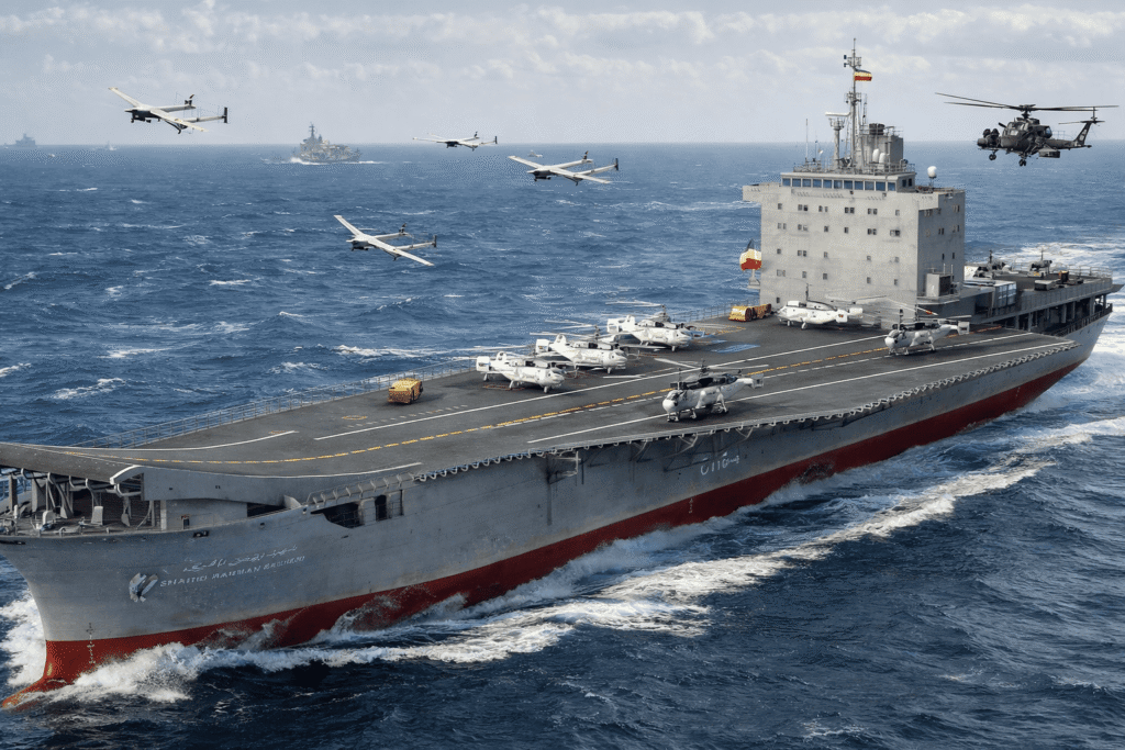 IRIS Shahid Bagheri Iranian drone carrier with helicopters and unmanned aerial systems operating at sea