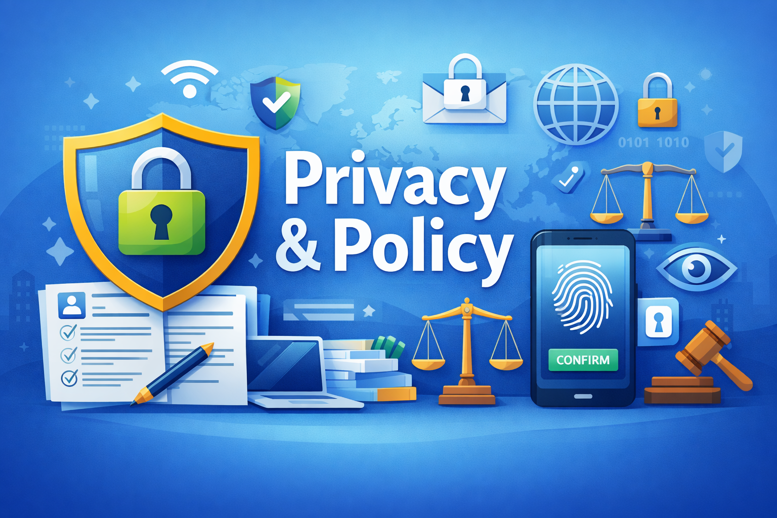 Privacy policy illustration showing data protection, user privacy, and website security concepts