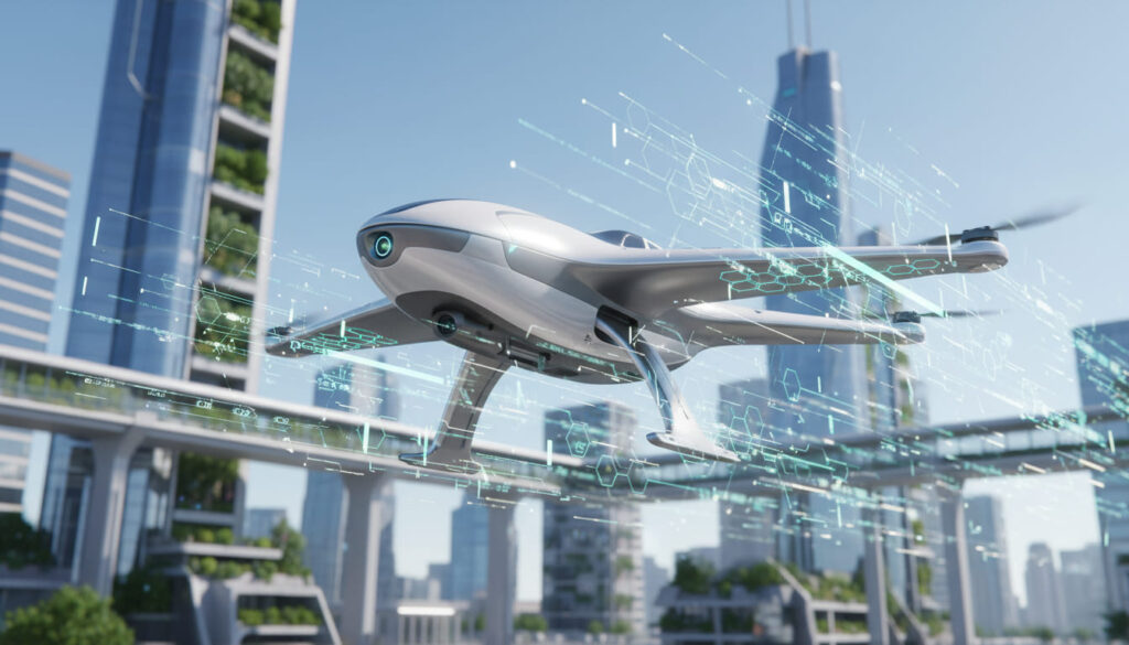 Future of drone technology showing smart AI powered drone with advanced sensors and modern design