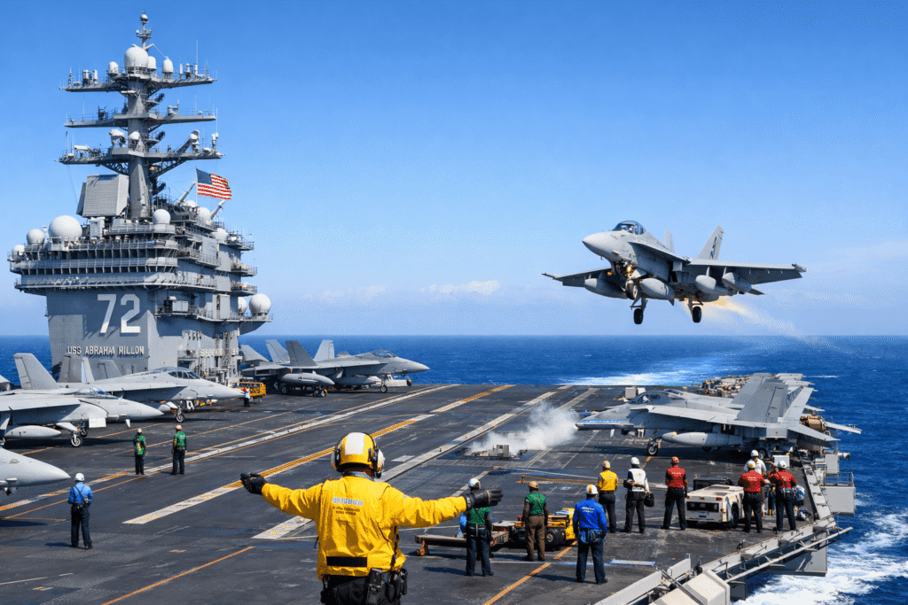 USS Abraham Lincoln flight deck showing fighter jets and advanced aviation technology on a US Navy aircraft carrier